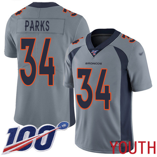 Youth Denver Broncos #34 Will Parks Limited Silver Inverted Legend 100th Season Football NFL Jersey